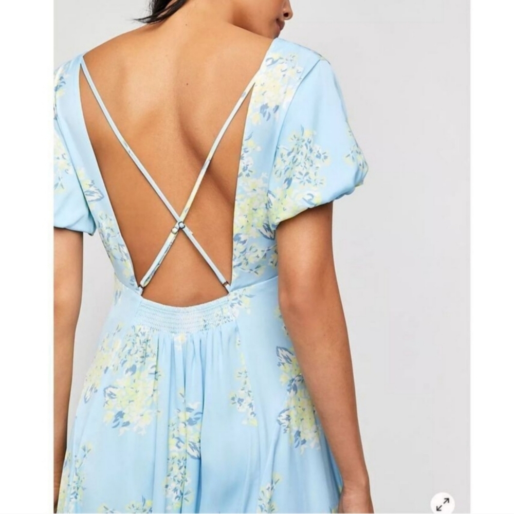 Free People Revolve Laura Blue Floral Print Satin Strappy Open Back Midi Dress - Picture 3 of 12